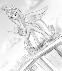 Size: 786x904 | Tagged: safe, artist:alloyrabbit, imported from derpibooru, princess cadance, alicorn, pony, city, crushing, destruction, female, giant pony, giantess, macro, mare, monochrome, raised hoof, slim, stomping