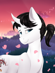 Size: 3000x4000 | Tagged: safe, artist:monsoonvisionz, imported from derpibooru, oc, oc:shiro reisu, unicorn, cherry blossoms, flower, flower blossom, japanese, looking at you, male, my little pony, samurai, sternocleidomastoid, sunset