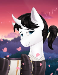 Size: 1280x1654 | Tagged: safe, artist:monsoonvisionz, imported from derpibooru, oc, oc:shiro reisu, unicorn, armor, cherry blossoms, flower, flower blossom, japanese, looking at you, male, my little pony, samurai, sternocleidomastoid, sunset