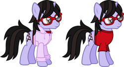 Size: 2225x1209 | Tagged: safe, artist:lightningbolt, derpibooru exclusive, imported from derpibooru, pony, unicorn, .svg available, brendon urie, clothes, frown, glasses, hoodie, horn, male, panic! at the disco, ponified, shirt, show accurate, simple background, solo, stallion, standing, svg, t-shirt, transparent background, vector