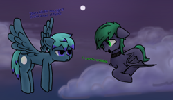 Size: 1490x857 | Tagged: safe, artist:zip, imported from derpibooru, oc, oc only, bat pony, pegasus, pony, bat pony oc, bat wings, choker, cloud, colt, dialogue, floppy ears, flying, male, males only, moon, night, on a cloud, open mouth, outdoors, pegasus oc, sky, slit eyes, slit pupils, spread wings, stallion, wings