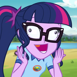 Size: 720x720 | Tagged: safe, edit, edited screencap, imported from derpibooru, screencap, sci-twi, twilight sparkle, equestria girls, legend of everfree, camp everfree outfits, cropped, derp, exploitable meme, faic, female, glasses, i didn't listen, image macro, inverted mouth, meme, open mouth, reaction image, solo