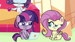 Size: 1920x1080 | Tagged: safe, imported from derpibooru, screencap, fluttershy, rarity, twilight sparkle, alicorn, pegasus, pony, unicorn, my little pony: pony life, spoiler:pony life s02e13, computer, g4.5, laptop computer, magical mare-story tour, pony life