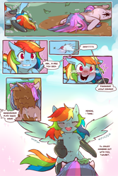 Size: 960x1440 | Tagged: safe, artist:cold-blooded-twilight, imported from derpibooru, rainbow dash, twilight sparkle, pegasus, pony, unicorn, cold blooded twilight, comic:cold storm, blushing, chest fluff, clothes, cloud, comic, dialogue, eyes closed, faceplant, female, laughing, leggings, lesbian, looking at each other, mud, mud mask, pain, pfft, rainbow trail, raspberry noise, reaching, reaching out, shipping, smiling, socks, speech bubble, spread wings, stockings, thigh highs, twidash, unicorn twilight, wings