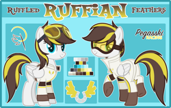 Size: 1024x647 | Tagged: safe, artist:pegasski, imported from derpibooru, oc, oc only, oc:ruffian, pegasus, pony, base used, female, goggles, mare, reference sheet, solo