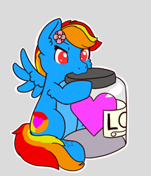 Size: 2145x2505 | Tagged: safe, artist:backgroundpony#f352, imported from derpibooru, oc, oc only, oc:sunamena, pegasus, commission, cute, flower, flower in hair, gray background, heart, high res, jar, love, simple background, wings, ych result