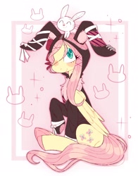 Size: 1902x2425 | Tagged: safe, artist:ocado7, imported from derpibooru, angel bunny, fluttershy, pegasus, pony, rabbit, angelbetes, animal, bunny ears, bunny ears hoodie, clothes, cute, female, happy, hoodie, male, mare, pet, shyabetes, sitting, smiling