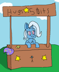 Size: 551x668 | Tagged: safe, artist:xppp1n, imported from ponybooru, trixie, pony, unicorn, bits, chest fluff, clothes, female, hat, horn, mare, sign, smiling, solo, stand, text, trixie's hat