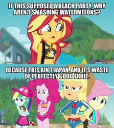 Size: 600x674 | Tagged: safe, edit, edited screencap, imported from derpibooru, screencap, applejack, fluttershy, pinkie pie, rainbow dash, sunset shimmer, equestria girls, equestria girls series, forgotten friendship, caption, clothes, image macro, swimsuit, text