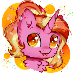 Size: 1280x1280 | Tagged: safe, artist:emyjk, imported from derpibooru, luster dawn, pony, unicorn, :p, abstract background, bust, cheek fluff, chest fluff, cute, ear fluff, female, lusterbetes, mare, portrait, solo, tongue out