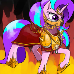 Size: 1200x1200 | Tagged: safe, artist:slamjam, imported from derpibooru, starlight glimmer, pony, unicorn, armor, chains, fire, historical roleplay starlight, horn, horn ring, mask, ring, skull, solo, spikes