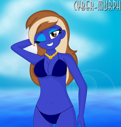 Size: 1380x1448 | Tagged: safe, artist:cyber-murph, imported from derpibooru, oc, oc:vanilla eclair, equestria girls, belly, belly button, bikini, blue bikini, blue swimsuit, breasts, busty oc, clothes, commission, eyeshadow, jewelry, looking at you, makeup, midriff, necklace, ocean, one eye closed, signature, swimsuit, wink, winking at you