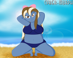 Size: 2671x2127 | Tagged: safe, artist:cyber-murph, imported from derpibooru, oc, oc:sundae shake, equestria girls, belly, belly button, bikini, blue bikini, blue swimsuit, breasts, chubby, clothes, commission, high res, looking at you, midriff, ocean, signature, swimsuit, thick