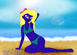 Size: 2276x1612 | Tagged: safe, artist:cyber-murph, imported from derpibooru, oc, oc:ruby shears, equestria girls, arm behind head, belly, belly button, bikini, bow, breasts, clothes, commission, green bikini, green swimsuit, hair bow, looking at you, ocean, sexy, signature, swimsuit