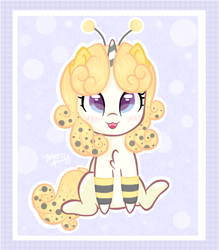 Size: 1400x1600 | Tagged: safe, artist:waretmilout, imported from derpibooru, bee, insect, unicorn, animal costume, bee costume, blue background, clothes, commission, costume, cute, food, honey, simple background, tights, yellow