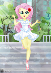 Size: 895x1263 | Tagged: safe, artist:charliexe, imported from derpibooru, fluttershy, equestria girls, beautiful, clothes, cute, dress, female, flower, flower in hair, flutterthighs, legs, open mouth, paraskirt, schrödinger's pantsu, shyabetes, smiling, solo, stairs, thighs, white dress