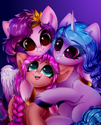 Size: 1419x1744 | Tagged: safe, alternate version, artist:mite-lime, imported from derpibooru, izzy moonbow, pipp petals, sunny starscout, earth pony, pegasus, pony, unicorn, adorapipp, blushing, braid, cute, eyelashes, female, g5, gradient background, hoof fluff, izzybetes, looking at you, looking up, mare, open mouth, smiling, sunnybetes, unshorn fetlocks, wings