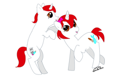 Size: 720x480 | Tagged: safe, artist:slanderxoxo, imported from derpibooru, oc, oc:mia, oc:rose, unicorn, bow, horn, looking up, unicorn oc