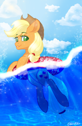 Size: 1452x2222 | Tagged: safe, artist:wicked-red-art, imported from derpibooru, applejack, earth pony, pony, applejack's hat, cloud, commission, cowboy hat, female, floaty, grin, hat, mare, ocean, sky, smiling, solo, water, ych result