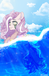 Size: 1452x2222 | Tagged: safe, alternate version, artist:wicked-red-art, imported from derpibooru, oc, oc only, oc:molly pop, earth pony, pony, alternate character, cloud, commission, drugs, female, floaty, grin, makeup, mare, markings, ocean, pills, running makeup, sky, smiling, solo, water, ych result