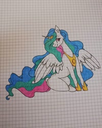 Size: 1080x1350 | Tagged: safe, artist:tessa_key_, imported from derpibooru, princess celestia, alicorn, pony, female, graph paper, hoof shoes, horn, looking back, mare, sitting, smiling, solo, spread wings, traditional art, wings