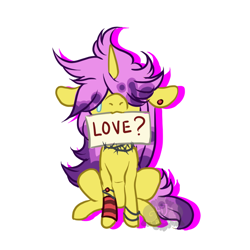 Size: 800x800 | Tagged: safe, artist:lavvythejackalope, imported from derpibooru, oc, oc only, pony, unicorn, bracelet, crying, ear piercing, hair over eyes, horn, jewelry, mouth hold, piercing, sign, simple background, thorn, thorns, unicorn oc, white background