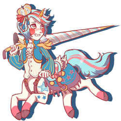 Size: 1400x1400 | Tagged: safe, artist:lavvythejackalope, imported from derpibooru, oc, oc only, centaur, blush sticker, blushing, clothes, colored hooves, horn, lance, looking back, male, saddle, simple background, solo, tack, weapon, white background