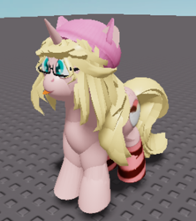 Size: 359x405 | Tagged: safe, artist:icecreamjaxxie, imported from derpibooru, oc, oc only, oc:mille feuille, pony, unicorn, 3d, :p, butt freckles, clothes, diabetes, food, freckles, game, glasses, hat, ice cream, roblox, socks, solo, striped socks, tongue out, video game