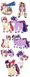 Size: 1280x3207 | Tagged: safe, artist:rainbowquasar, imported from derpibooru, moondancer, twilight sparkle, oc, oc:songbird crescent, alicorn, pegasus, pony, unicorn, alternate hairstyle, diploma, dusk shine, duskdancer, female, graduation cap, half r63 shipping, hat, lesbian, male, mare, offspring, parent:dusk shine, parent:moondancer, parents:duskdancer, prince dusk, rule 63, self ponidox, shipping, simple background, stallion, story included, straight, telescope, twidancer, twilight sparkle (alicorn), white background