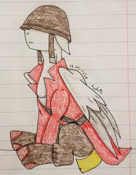 Size: 1966x2528 | Tagged: safe, artist:agdapl, imported from derpibooru, pegasus, pony, boots, bust, clothes, crossover, helmet, lined paper, male, ponified, shoes, signature, sitting, soldier, stallion, team fortress 2, traditional art, two toned wings, wings