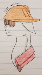 Size: 1528x2716 | Tagged: safe, artist:agdapl, imported from derpibooru, earth pony, pony, bust, clothes, crossover, engineer, goggles, helmet, lined paper, male, palindrome get, ponified, signature, stallion, team fortress 2, traditional art