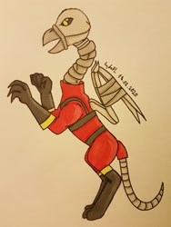 Size: 2407x3209 | Tagged: safe, artist:agdapl, imported from derpibooru, griffon, bone, boots, clothes, crossover, gloves, griffonized, high res, male, pyro, rearing, shoes, signature, skeleton, solo, species swap, team fortress 2, traditional art