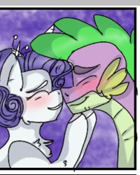 Size: 1078x1350 | Tagged: safe, alternate version, artist:cocolove2176, imported from derpibooru, rarity, spike, dragon, pony, unicorn, blushing, bust, eyes closed, female, horn, looking at each other, male, mare, older, older spike, shipping, smiling, sparity, straight