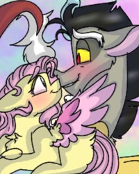 Size: 1078x1350 | Tagged: safe, alternate version, artist:cocolove2176, imported from derpibooru, discord, fluttershy, draconequus, pegasus, pony, bust, chest fluff, discoshy, female, horn, looking at each other, male, mare, shipping, smiling, straight, wings