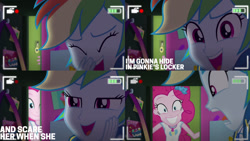 Size: 1280x720 | Tagged: safe, edit, edited screencap, editor:quoterific, imported from derpibooru, screencap, pinkie pie, rainbow dash, do it for the ponygram!, equestria girls, equestria girls series, spoiler:eqg series (season 2), camera shot, clothes, cutie mark, cutie mark on clothes, eyes closed, geode of sugar bombs, geode of super speed, grin, laughing, lockers, magical geodes, meme origin, open mouth, rainbow dash's prank fail, screaming, smiling, tanktop