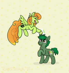 Size: 2770x2952 | Tagged: safe, artist:rabbitasaur, imported from derpibooru, oc, oc only, oc:emerald circuit, oc:hunny bun, pegasus, unicorn, ball, confused, high res, looking up, tennis ball