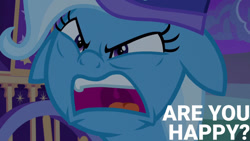 Size: 1280x720 | Tagged: safe, edit, edited screencap, editor:quoterific, imported from derpibooru, screencap, trixie, pony, unicorn, to where and back again, angry, clothes, ears back, female, floppy ears, hat, mare, night, open mouth, trixie's hat