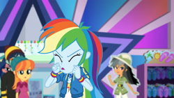 Size: 3410x1920 | Tagged: safe, imported from derpibooru, screencap, daring do, rainbow dash, equestria girls, equestria girls series, holidays unwrapped, spoiler:eqg series (season 2), clothes, cutie mark, cutie mark on clothes, dashing through the mall, eyes closed, female, geode of super speed, hoodie, jewelry, magical geodes, male, necklace, open mouth