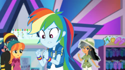 Size: 3410x1920 | Tagged: safe, imported from derpibooru, screencap, daring do, rainbow dash, equestria girls, equestria girls series, holidays unwrapped, spoiler:eqg series (season 2), clothes, cutie mark, cutie mark on clothes, dashing through the mall, female, geode of super speed, hoodie, jewelry, magical geodes, male, necklace, open mouth