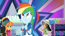 Size: 3410x1920 | Tagged: safe, imported from derpibooru, screencap, daring do, rainbow dash, equestria girls, equestria girls series, holidays unwrapped, spoiler:eqg series (season 2), clothes, cutie mark, cutie mark on clothes, dashing through the mall, female, geode of super speed, hoodie, jewelry, looking up, magical geodes, male, necklace, open mouth