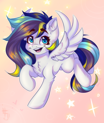 Size: 2200x2600 | Tagged: safe, artist:falafeljake, imported from derpibooru, oc, oc only, pegasus, pony, chest fluff, eyebrows, eyebrows visible through hair, high res, raised hoof, smiling, solo, spread wings, wings