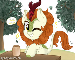 Size: 2421x1920 | Tagged: safe, artist:laylaelvy278, imported from derpibooru, autumn blaze, kirin, awwtumn blaze, cute, female, grin, high res, mare, one eye closed, smiling, solo, speech bubble, tree, wink