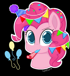 Size: 1358x1458 | Tagged: safe, artist:laylaelvy278, imported from derpibooru, pinkie pie, earth pony, pony, black background, bust, cutie mark, female, hat, mare, mouth hold, party hat, party horn, portrait, simple background, solo, white outline