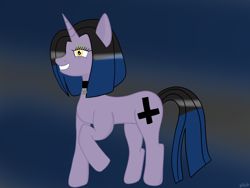 Size: 1012x759 | Tagged: safe, artist:yukine001, imported from derpibooru, oc, oc only, oc:gothica, pony, unicorn, choker, digital art, eyelashes, eyeshadow, female, horn, inverted cross, jewelry, makeup, mare, pentagram, raised hoof, smiling, solo, unicorn oc