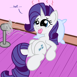 Size: 1200x1200 | Tagged: safe, artist:dafiltafish, imported from derpibooru, rarity, pony, unicorn, belly, fan, female, hot, mare, on the floor, panting, pillow, solo, text, tongue out