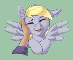 Size: 4250x3500 | Tagged: safe, artist:taytinabelle, imported from derpibooru, derpy hooves, pegasus, pony, :p, blushing, cute, derpabetes, disembodied hand, ear fluff, eyes closed, female, floppy ears, green background, hand, hand on cheek, happy, hooves to the chest, mare, offscreen character, offscreen human, petting, simple background, solo, spread wings, tongue out, wings