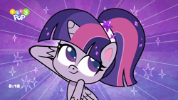 Size: 1024x576 | Tagged: safe, imported from derpibooru, screencap, twilight sparkle, alicorn, pony, my little pony: pony life, what goes updo, spoiler:pony life s02e17, alternate hairstyle, cute, female, g4.5, mare, pony life, ponytail, solo, tiny pop logo, twiabetes