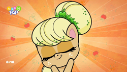 Size: 1024x576 | Tagged: safe, imported from derpibooru, screencap, applejack, earth pony, pony, my little pony: pony life, what goes updo, spoiler:pony life s02e17, alternate hairstyle, apple, bun, cute, food, g4.5, jackabetes, pony life, solo, tiny pop logo