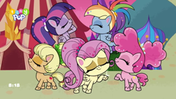 Size: 1024x576 | Tagged: safe, imported from derpibooru, screencap, applejack, fluttershy, pinkie pie, rainbow dash, twilight sparkle, alicorn, earth pony, pegasus, pony, my little pony: pony life, what goes updo, spoiler:pony life s02e17, alternate hairstyle, eyes closed, flying, g4.5, pony life, tiny pop, twilight sparkle (alicorn)