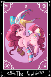 Size: 785x1181 | Tagged: safe, artist:leonrat, imported from derpibooru, pinkie pie, earth pony, pony, bow, clothes, hat, jester hat, one eye closed, socks, solo, striped socks, tail bow, tarot card